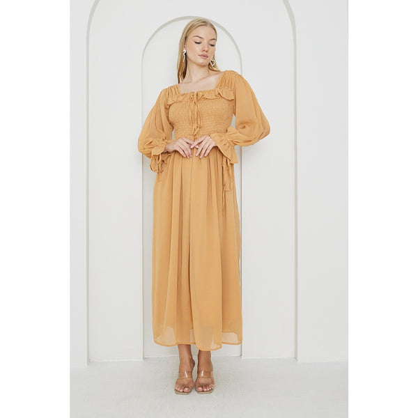 Mustard Chiffon Square Collar Dress | Montivo Pakistan