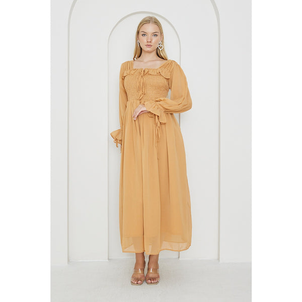 Mustard Chiffon Square Collar Dress | Montivo Pakistan
