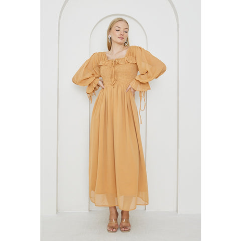 Mustard Chiffon Square Collar Dress | Montivo Pakistan