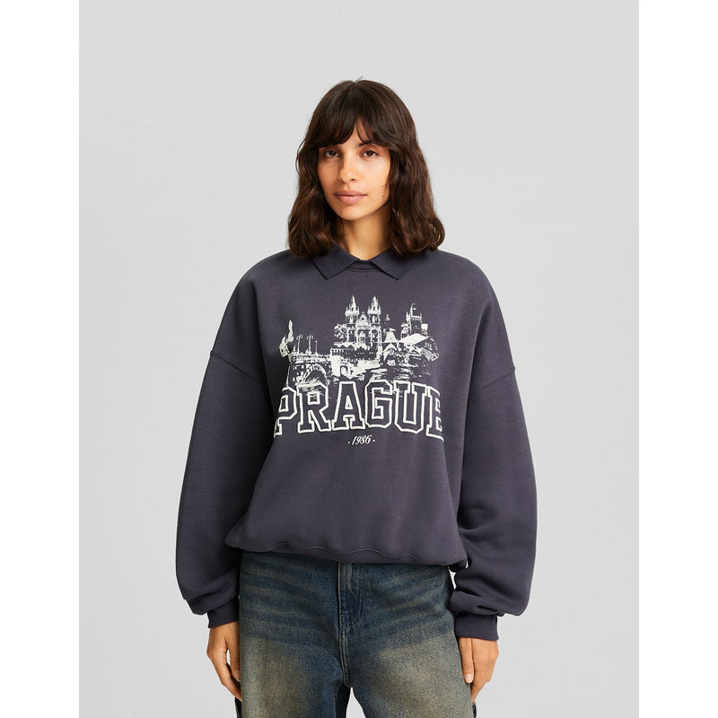 Grey Printed Sweatshirt with Polo Collar | Montivo Pakistan