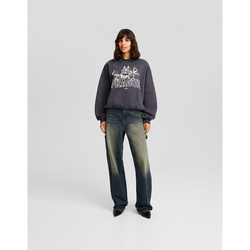Grey Printed Sweatshirt with Polo Collar | Montivo Pakistan