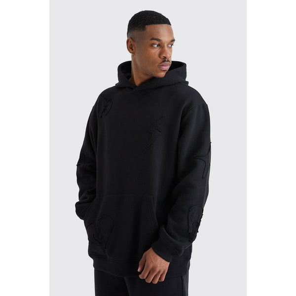 Black Oversized Raw Applique Hoodie | Montivo Pakistan
