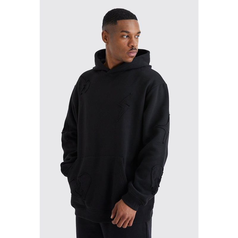 Black Oversized Raw Applique Hoodie | Montivo Pakistan