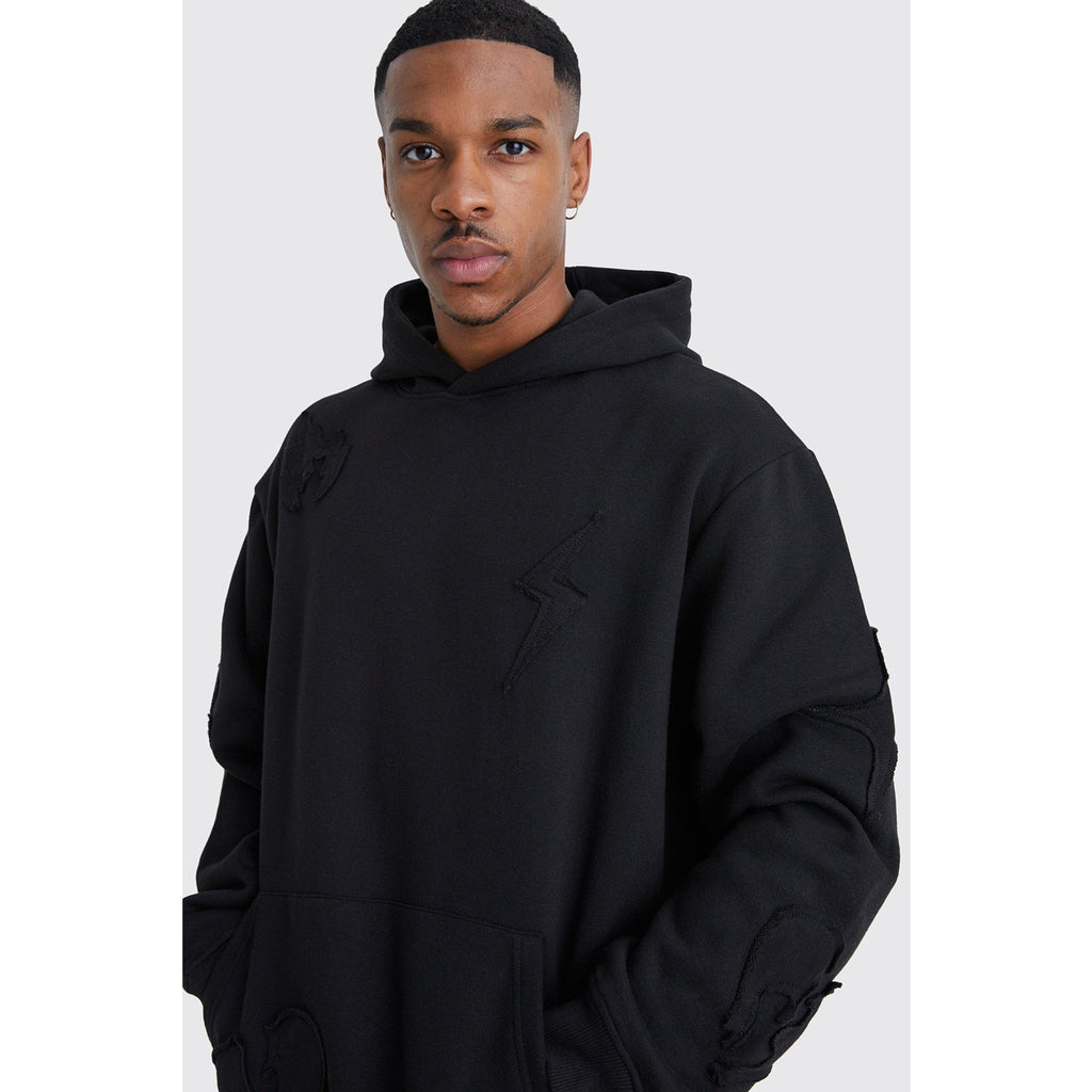 Black Oversized Raw Applique Hoodie | Montivo Pakistan