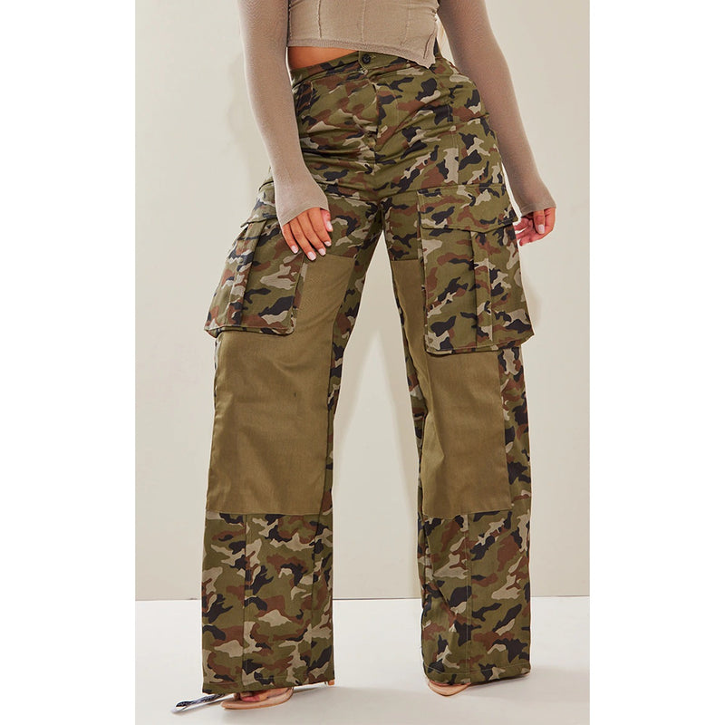 Khaki Zip Detail Camo Wide Leg Trousers | Montivo Pakistan