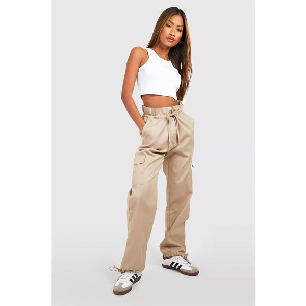 Beige Paper Bag High Waist Cargo Trousers | Montivo Pakistan