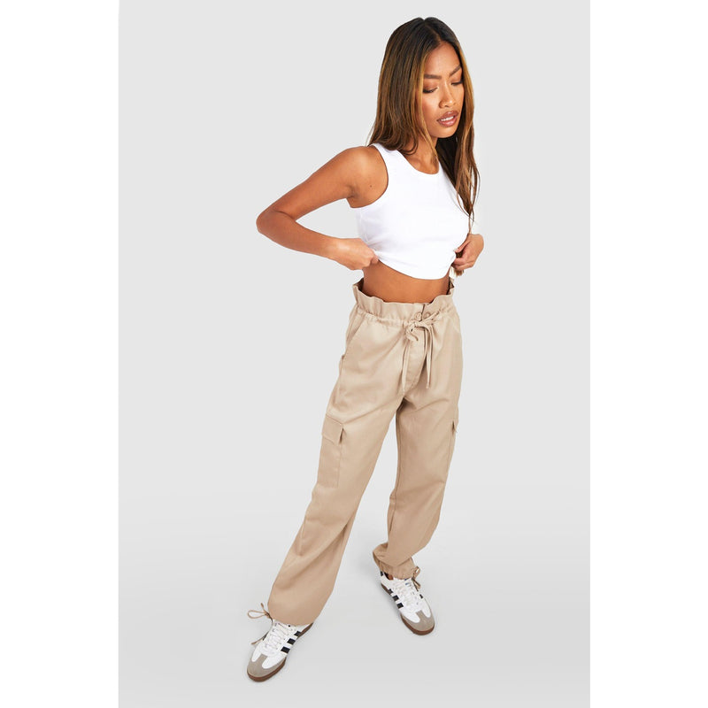 Beige Paper Bag High Waist Cargo Trousers | Montivo Pakistan