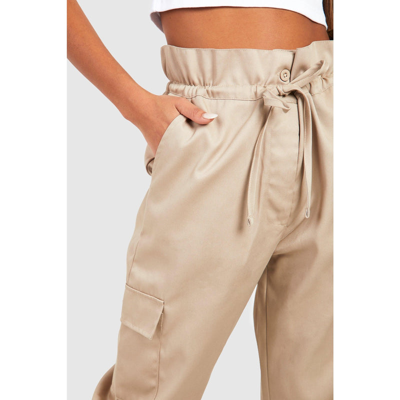 Beige Paper Bag High Waist Cargo Trousers | Montivo Pakistan