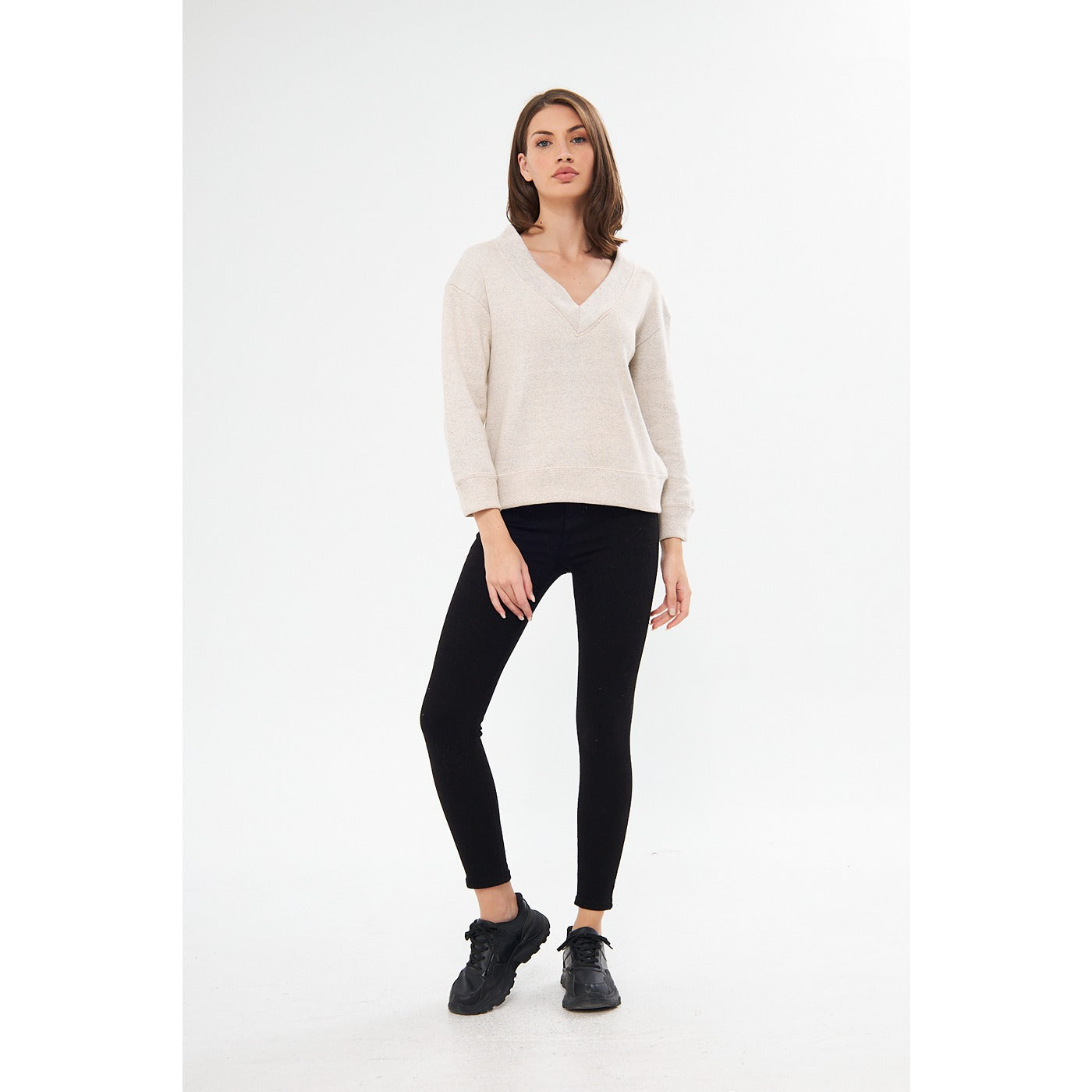 Cream V Neck Melange Sweatshirt | Montivo Pakistan
