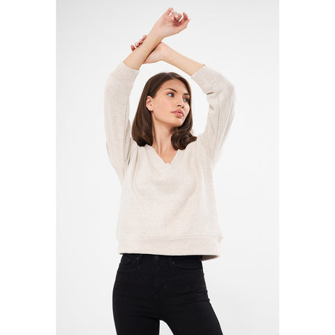Cream V Neck Melange Sweatshirt | Montivo Pakistan