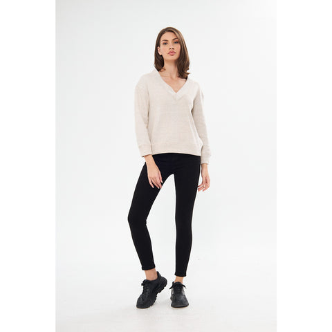 Cream V Neck Melange Sweatshirt | Montivo Pakistan