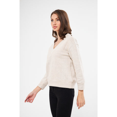 Cream V Neck Melange Sweatshirt | Montivo Pakistan