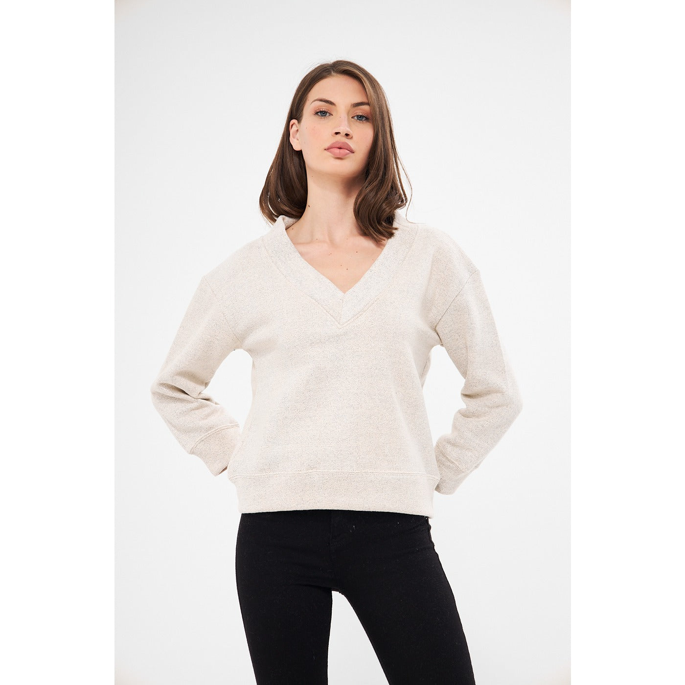 Cream V Neck Melange Sweatshirt | Montivo Pakistan