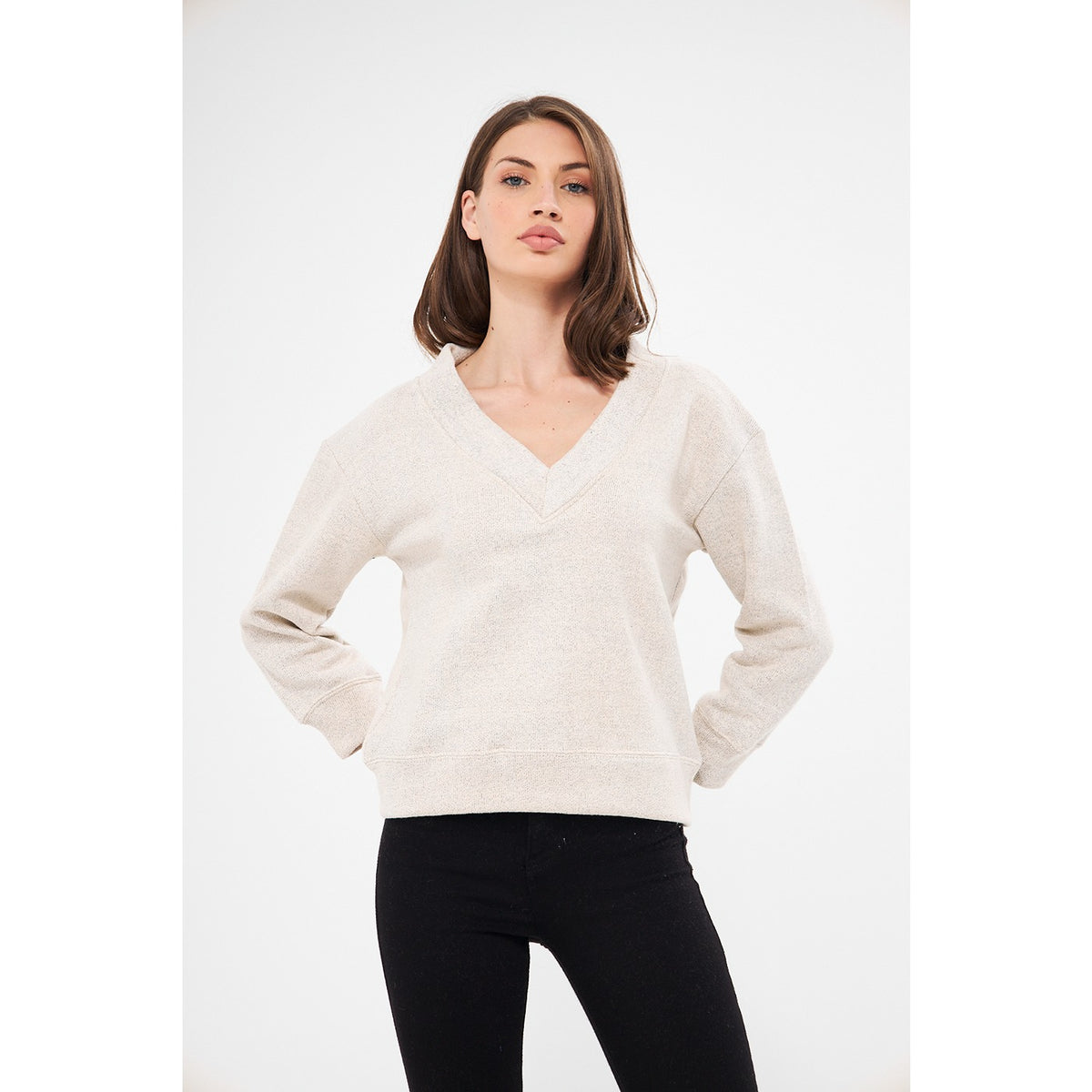 Cream V Neck Melange Sweatshirt | Montivo Pakistan