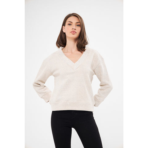 Cream V Neck Melange Sweatshirt | Montivo Pakistan
