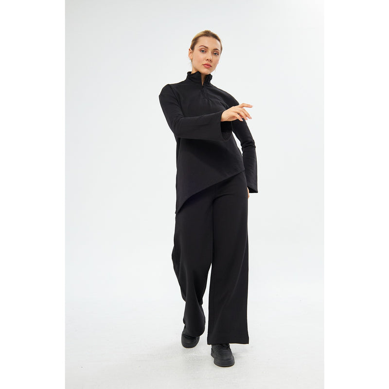 Zipper Cross Hem Black Sweatshirt | Montivo Pakistan