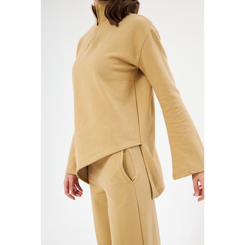 Zipper Cross Hem Beige Sweatshirt | Montivo Pakistan