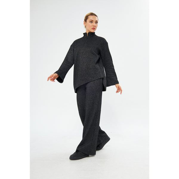 Zipper Cross Hem Black Melange Sweatshirt | Montivo Pakistan