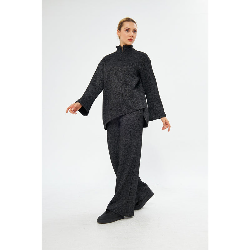 Zipper Cross Hem Black Melange Sweatshirt | Montivo Pakistan