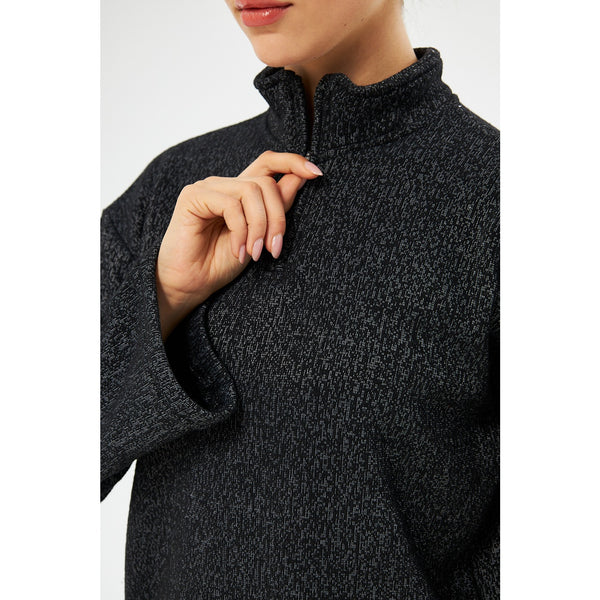 Zipper Cross Hem Black Melange Sweatshirt | Montivo Pakistan