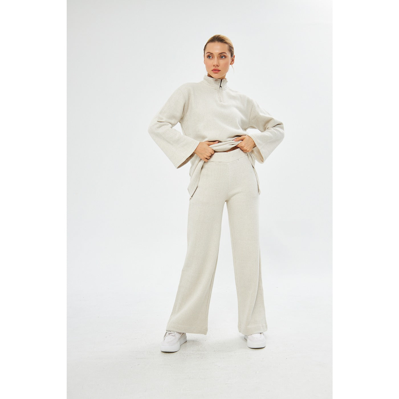 Cream Melange Wide Leg Trouser | Montivo Pakistan