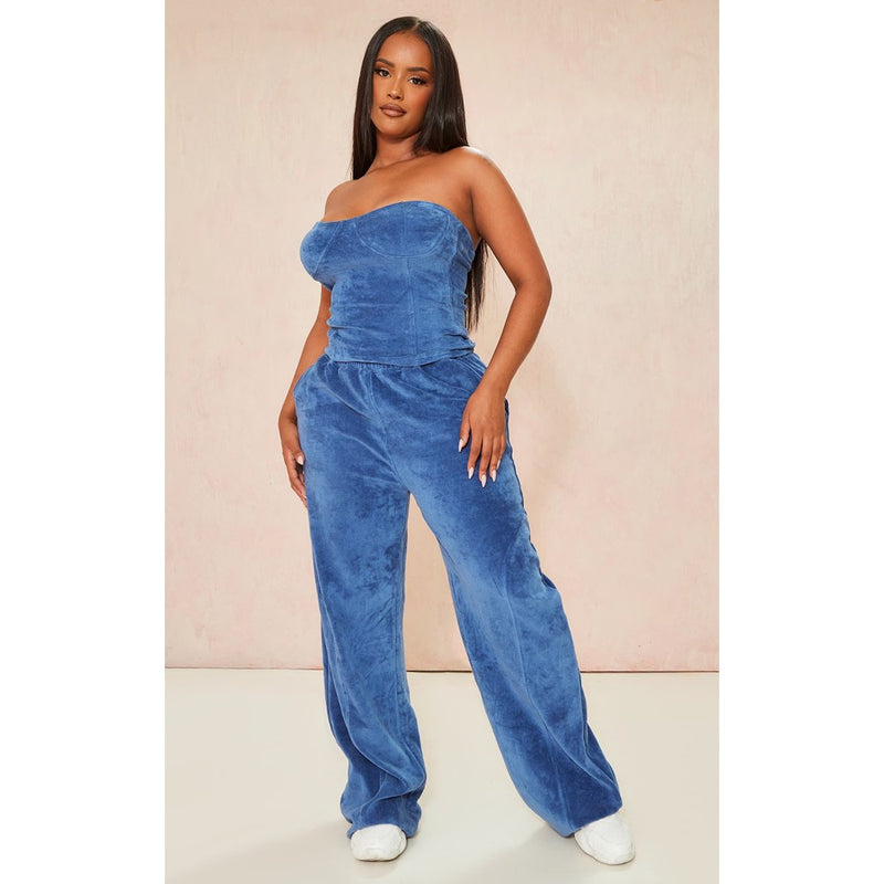 Shape Blue Velour Wide Leg Trousers | Montivo Pakistan