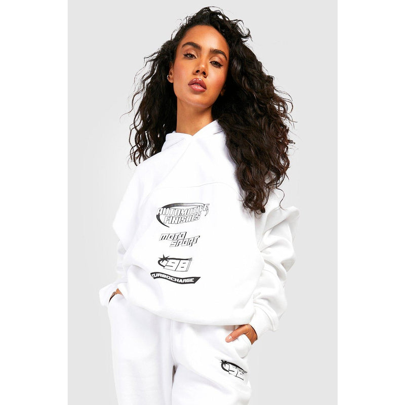 White Motocross Printed Seam Detail Oversized Hoodie | Montivo Pakistan