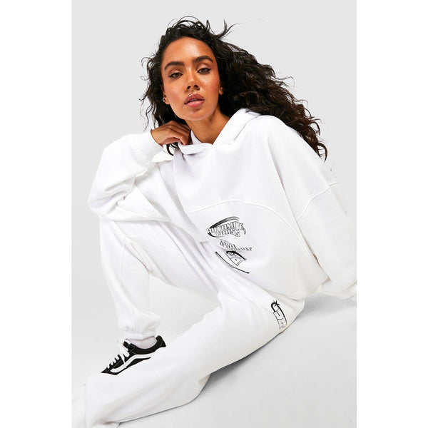 White Motocross Printed Seam Detail Oversized Hoodie | Montivo Pakistan