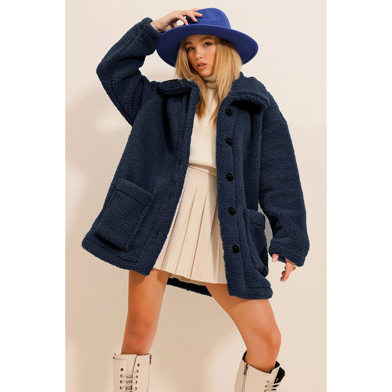 Navy Fur Long Button Down Jacket | Montivo Pakistan