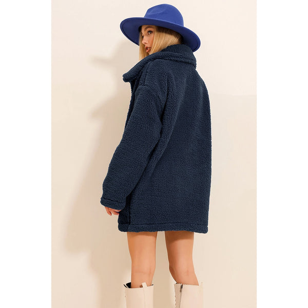 Navy Fur Long Button Down Jacket | Montivo Pakistan