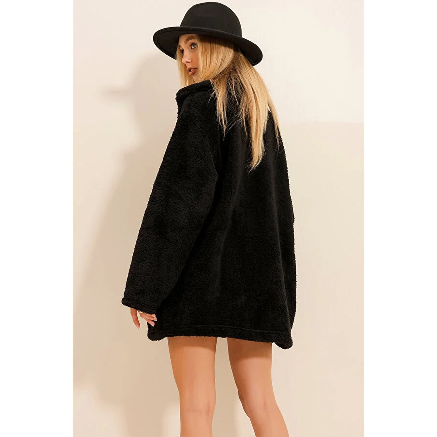 Black Fur Long Button Down Jacket | Montivo Pakistan
