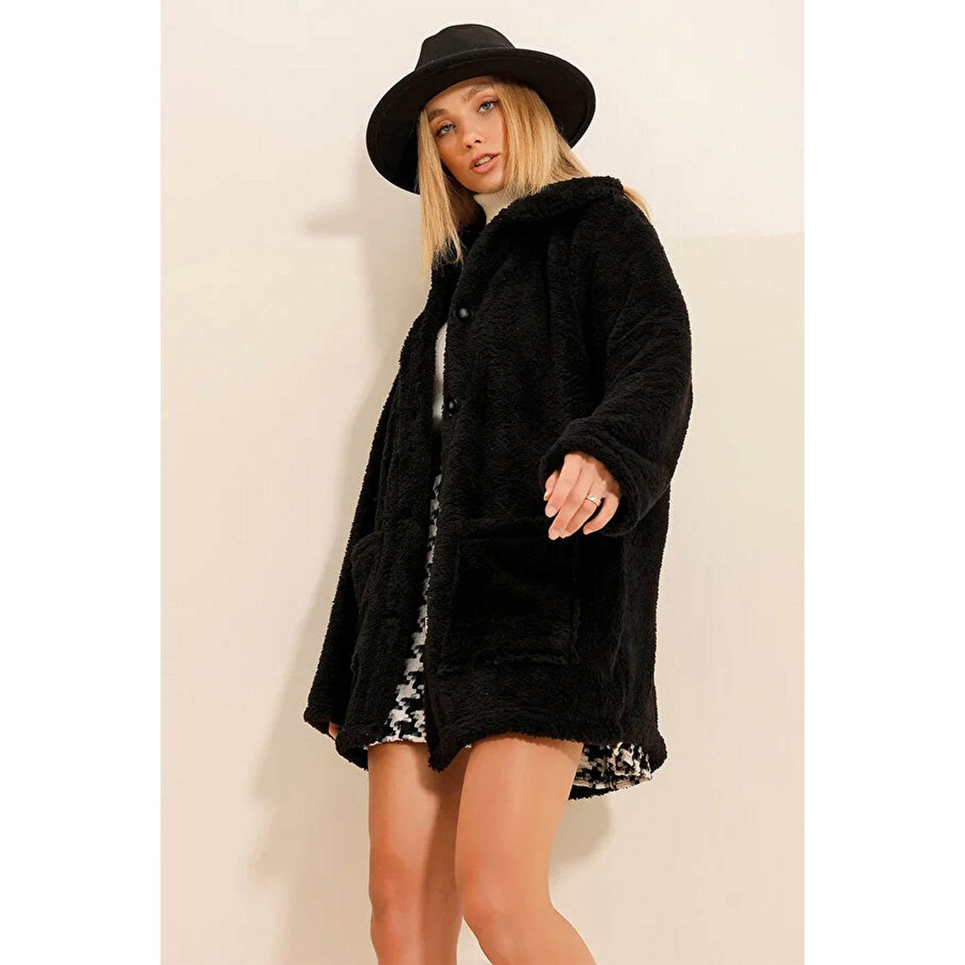 Black Fur Long Button Down Jacket | Montivo Pakistan