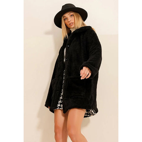Black Fur Long Button Down Jacket | Montivo Pakistan
