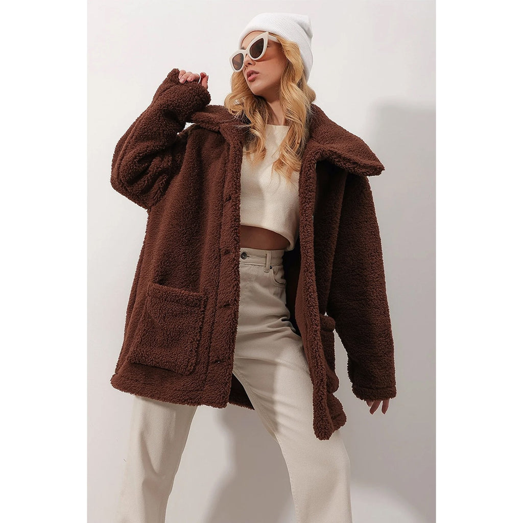 Brown Fur Long Button Down Jacket | Montivo Pakistan