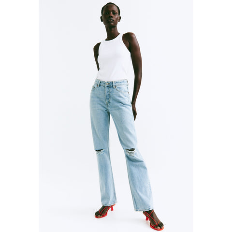 Light Blue Straight High Ripped Jeans | Montivo Pakistan