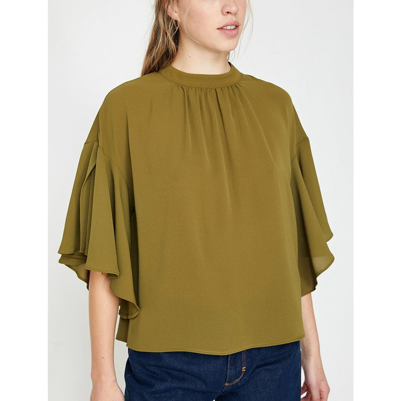 Olive Ruffle Detailed Blouse | Montivo Pakistan