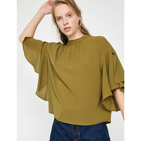 Olive Ruffle Detailed Blouse | Montivo Pakistan
