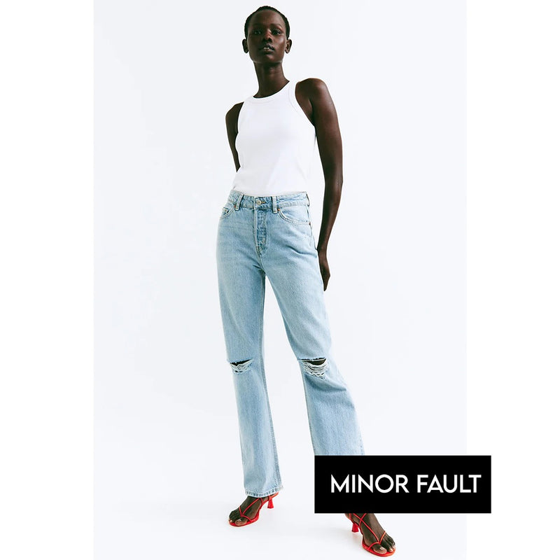 (Minor Fault) Light Blue Straight High Ripped Jeans | Montivo Pakistan