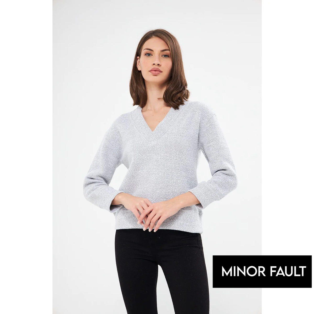 (Minor Fault) Grey V Neck Melange Sweatshirt | Montivo Pakistan