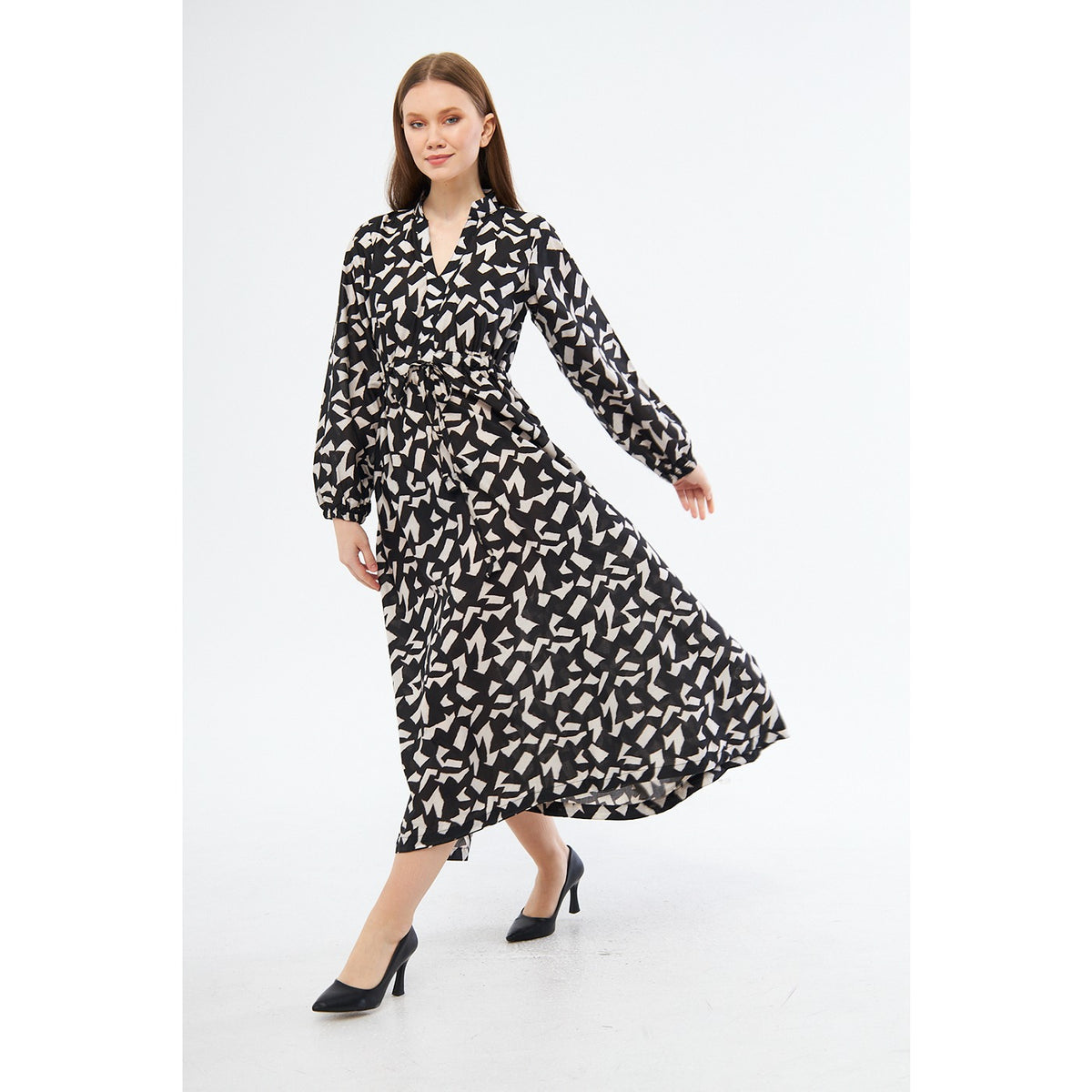 Monochrome Patterned Wrap Dress | Montivo Pakistan