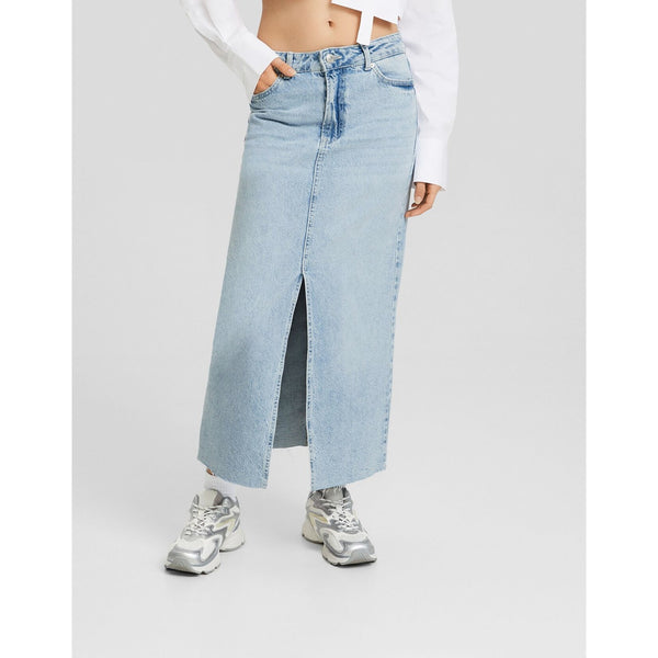 Light Blue Front-Slit Midi Jean Skirt | Montivo Pakistan