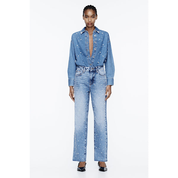 Light Blue Straight Pearl Jeans | Montivo Pakistan