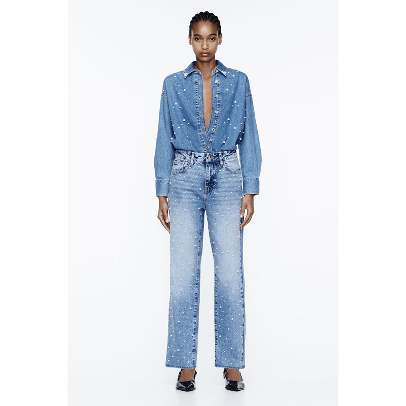 Light Blue Straight Pearl Jeans | Montivo Pakistan