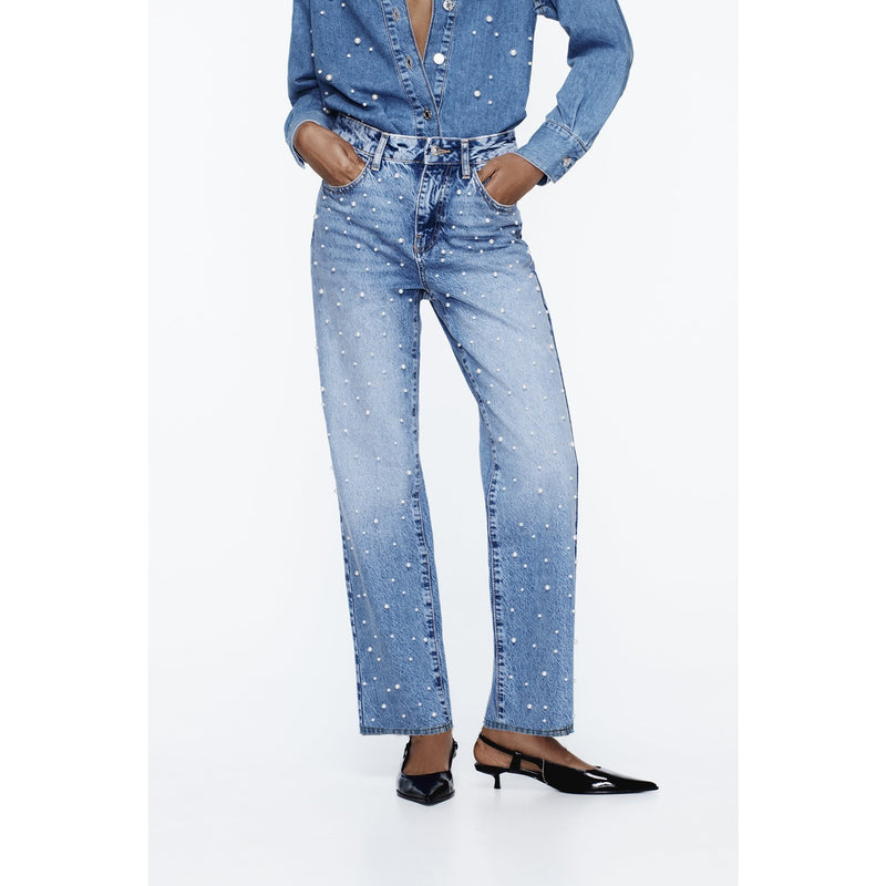 Light Blue Straight Pearl Jeans | Montivo Pakistan