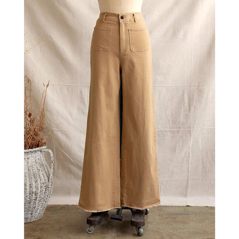 Beige Wide Leg Frayed Hem Jeans | Montivo Pakistan