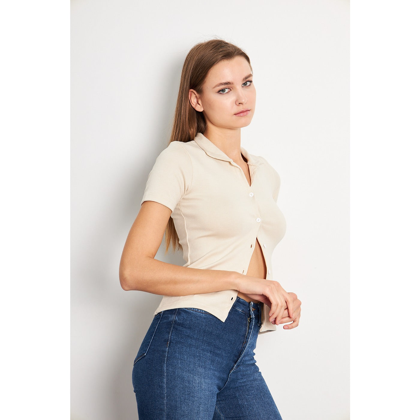 Beige Button Down Collar Top | Montivo Pakistan
