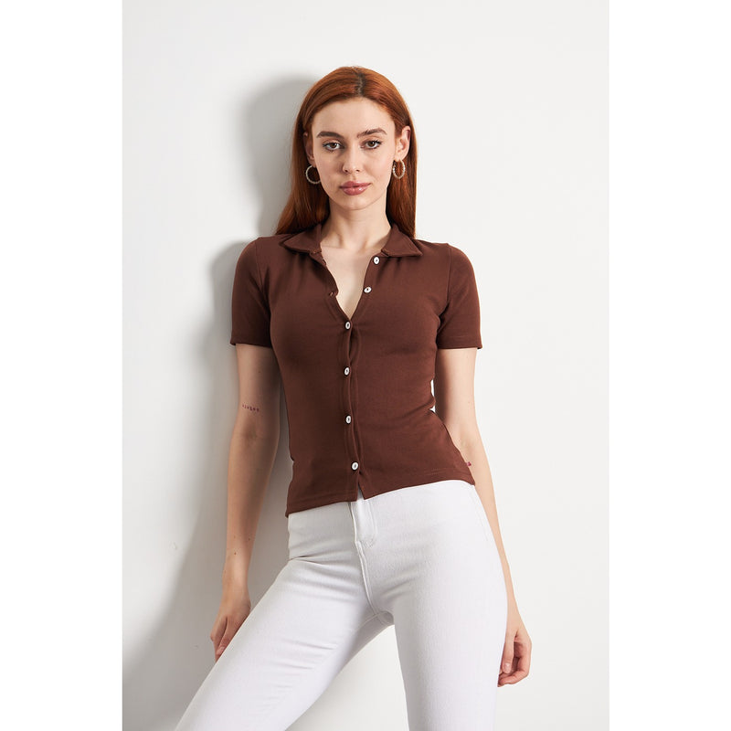 Brown Button Down Collar Top | Montivo Pakistan