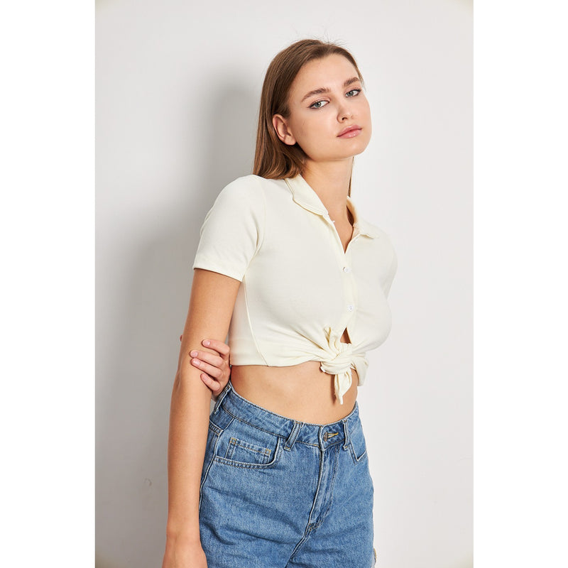 Off-White Button Down Collar Top | Montivo Pakistan