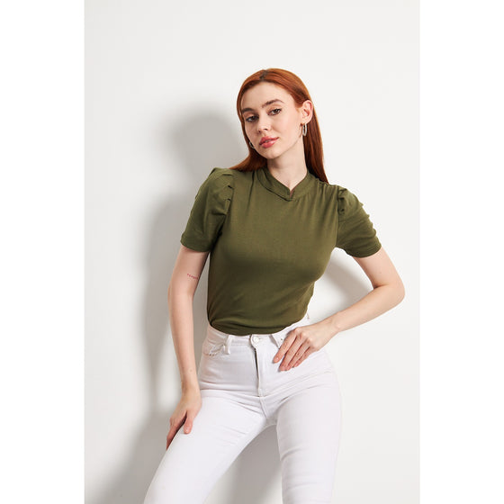 Olive Puff Sleeves Knit Top | Montivo Pakistan