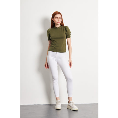 Olive Puff Sleeves Knit Top | Montivo Pakistan